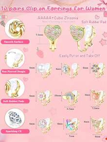 Women's Comfortable No-Piercing Pearl Twisted Heart Flower Butterfly Clip-On Earrings Set, Gold Clip-On Stud Earrings, Hypoallergenic - 10 Pairs Of Clip-on Earrings Set - View 2