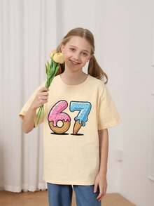 Tween Girl Ice Cream Cartoon "67" Print T-Shirt, Soft And Comfortable Fabric, Fashionable Summer Top, Suitable For Daily, Streetwear, And School Wear - Apricot - View 2
