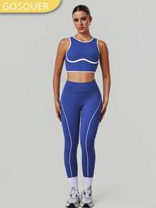 2 piezas Conjunto deportivo para mujer con bloques de color, sujetador deportivo con espalda descubierta de alta intensidad y leggings de yoga de cintura alta, ropa deportiva para todas las estaciones - Azul - Ver 6
