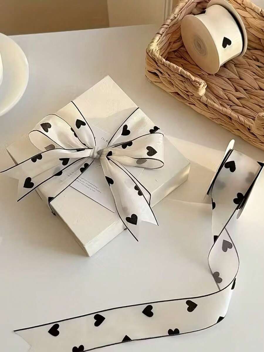 10 Yards (9 Meters) 1 Roll Black & White Heart Pattern Ribbon - Elegant Gift Wrapping And Floral Ribbon, Suitable For Christmas, Halloween, Thanksgiving, Easter And Other Holidays - Decorative Ribbon, Applicable For Various Occasions, Gift Wrapping Ribbon - Multicolor - View 1