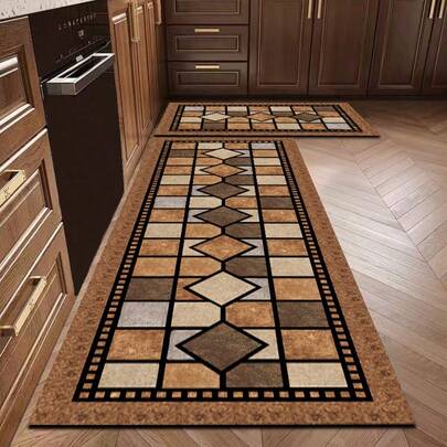 1pc Silica Gel Kitchen Floor Mat, Vintage Geometric Mosaic/Tile Texture Pattern, Warm-Toned Brown, Gray, Beige, Approx. 3.5mm Thick, Customizable Size, Suitable For Kitchen, Bathroom, Entryway, Laundry Room, Bedroom, Living Room