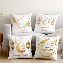 4pcs Ramadan Crescent Moon & Star Lantern Decorative Pillow Case Set, Single-Sided Peach Velvet Fabric, 45*45cm/50*50cm/40*40cm Cushion Cover Suitable For Modern Living Room Sofa Decor, Gift, Party Decoration - Multicolor - View 3