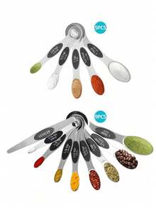 Juego de 9 cucharas medidoras magnéticas de acero inoxidable, cucharas de café medidoras, juego de cucharas medidoras de té y cucharas medidoras de mesa de acero inoxidable, utensilios de medición de cocina de metal para el hogar, con unidades de medida métricas e inglesas, adecuado para ingredientes secos y líquidos, apto para el hogar, repostería y cocina, utensilios de cocina y herramientas de medición para hornear - - - Ver 2