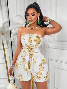 AIJ Bộ jumpsuit cúp ngực gợi cảm và thanh lịch dành cho nữ, họa tiết hoa ngẫu nhiên, thích hợp cho mùa hè. - Hoa vàng trên nền trắng - Xem 5