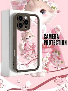 Funda de teléfono minimalista y gruesa a prueba de caídas, diseño de gato con kimono y flores de cerezo, estilo japonés dulce y elegante, ideal para mujeres, protección completa, perfecta para regalos festivos, compatible con Apple 17/16/15/14/13/12/11/Pro/ProMax,compatible con Galaxy A34/A35/A54/A55,Galaxy S20/S21/S22/S23/S24/S25 Ultra/Plus,compatible con Moto/Galaxy/Redmi/Honor/OPPO Soft - Marrón - Ver 3