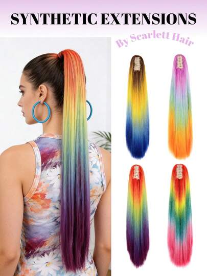 24-Inch Long Straight Hair With 5-Color Ombre, Ponytail, Synthetic Dyed High Ponytail, Colorful Wig For Nightclubs, Parties, And Performances, Straight Ponytail,Suitable For Women's Parties,Holiday Gift,Music Festival,Party Hair Accessories, Ideal For Daily Wear, Salon Use, Cosplay, Wedding, Y2K, Lolita, JK, Suitable For Thin Hair, Beginners And All Skin Tones,New Year And Valentine's Day Gift Giving,Hair Decoration
