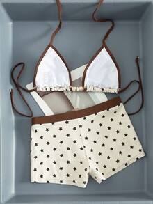 Bộ bikini 2 món dành cho nữ - Họa tiết ngôi sao với viền trơn, Áo bikini hai dây cúp tam giác (điểm nhấn đính hạt), Quần bikini cạp cao, Đồ bơi mùa hè thanh lịch cho kỳ nghỉ biển - Nhiều màu - Xem 2