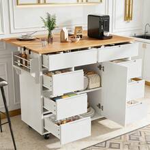Meuble îlot de cuisine modulable blanc – Avec chariot roulant, plateau de travail et rangement pratique (tiroirs et étagère à épices) - Blanc + MDF-1 - Voir 1