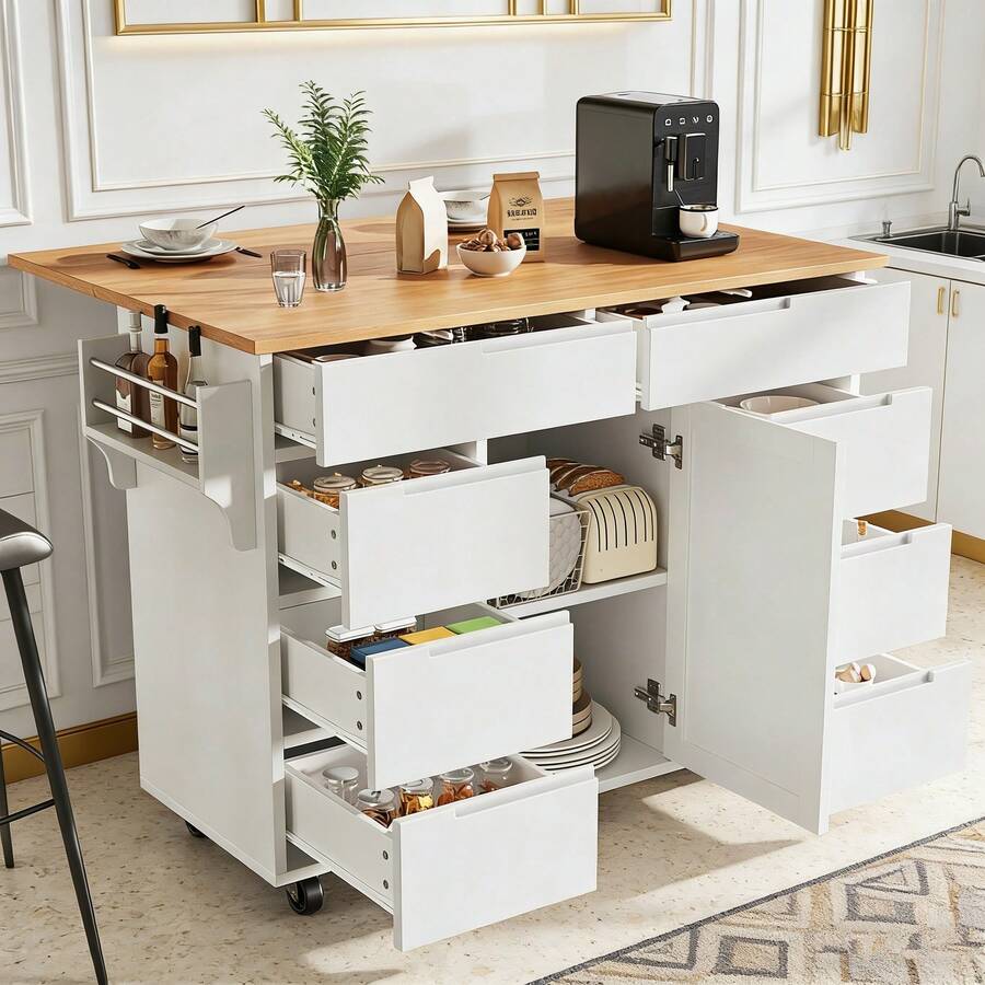 Meuble îlot de cuisine modulable blanc – Avec chariot roulant, plateau de travail et rangement pratique (tiroirs et étagère à épices) - Blanc + MDF-1 - Voir 1
