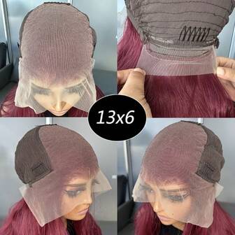 Peruka z koronką z przodu w kolorze czerwonego wina, falowana, 13x6, syntetyczna, odporna na ciepło, z przezroczystymi perukami z koronką z przodu dla kobiet, naturalny wygląd, syntetyczna peruka z koronką z przodu, bezklejowa, szwajcarska koronka