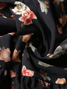 EARO 女士雪纺印花褶裥A字半身裙，高腰宽松显瘦优雅度假休闲装，春秋季黑色 - 黑色 - 查看 8