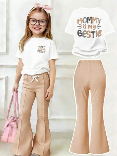Toddler Girls' Letter Print Round Neck Short Sleeve Top And Flare Pants Set