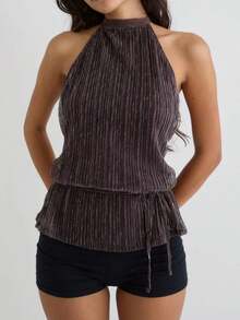 Women Sleeveless Tie Mock Neck Spring Summer Tops Fitting Casual Tie Side Halter Tank Top Elegant Blouses Shirts Clothes - 深棕 - 查看 4