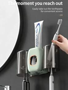 1pc Toothbrush Holder, Bathroom Storage Organizer, Automatic Toothpaste Dispenser With Brush Holder & Rinse Cup, Multi-Function Bathroom Toothbrush Holder Set, Toothbrush Holder With Cup, Wall-Mounted Shower Decor Set, Home Bathroom Decor, Autumn Decor, Back To School Supplies - Multicolor - View 10