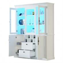 Display Cabinet 130 X 37.5 X 170.5 Cm, Freestanding Unit With 2 Drawers And 4 Doors, Glass Display Case With LED Lighting, 130 Cm Wide Living Room Cabinet, Multifunctional Unit With 8 Wine Racks, Large Cabinet, White
