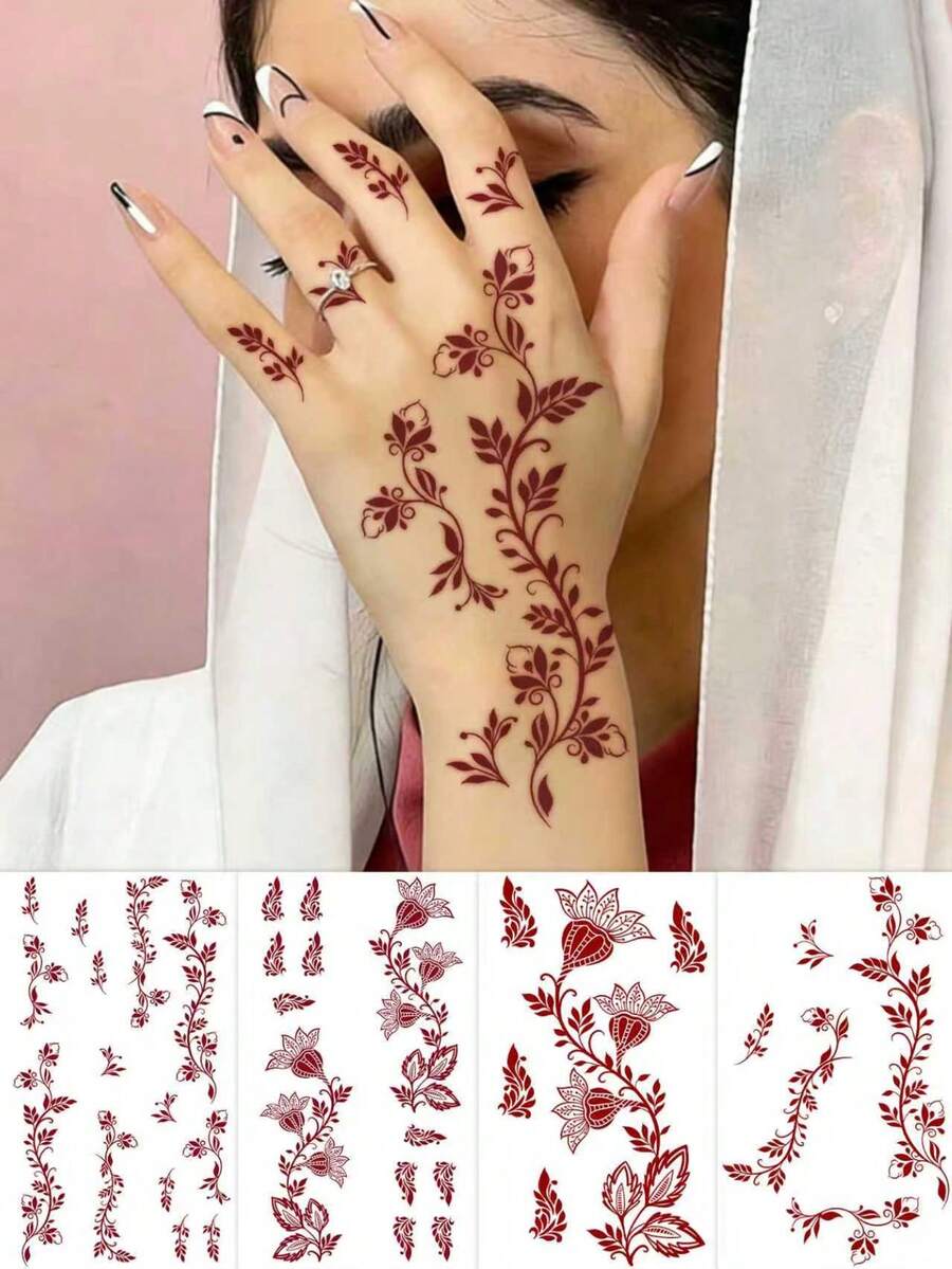 1 hình xăm tạm thời bằng henna, họa tiết ren hoa màu nâu đỏ, chống thấm nước, chống mồ hôi, có thể giặt được, hình xăm vẽ tay sống động như thật, thích hợp cho đám cưới, tiệc tùng, lễ hội. - Đỏ - Xem 1