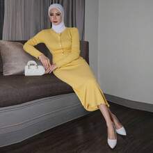 DAZY 女式修身部分拉链针织中长款毛衣裙，秋季女装 - 黃色 - 查看 2