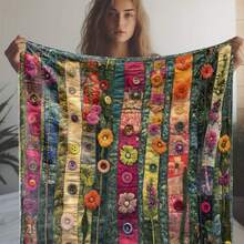 Colorful Vintage Floral Print Embroidered Patchwork Blanket - Soft, Cozy Flannel Throw With Button Accents, Ideal For Sofa, Bed, Car, Office, Camping & Travel - Lightweight All-Season Gift, Multicolor, Decorative Bed Cover | Striped Pattern | Polyes 30*40inches Blanket - 彩色 - 查看 3