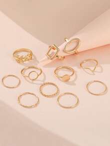 11件套几何叶子设计戒指套装 - 锌合金材质，简约性感风格，适合日常佩戴和节日送礼。套装包含11枚造型独特的戒指，饰以精致的叶子图案。日常配饰 | 简约戒指 | 锌合金戒指 | 女士戒指 | 戒指套装 | 女士珠宝 - 彩色 - 查看 2