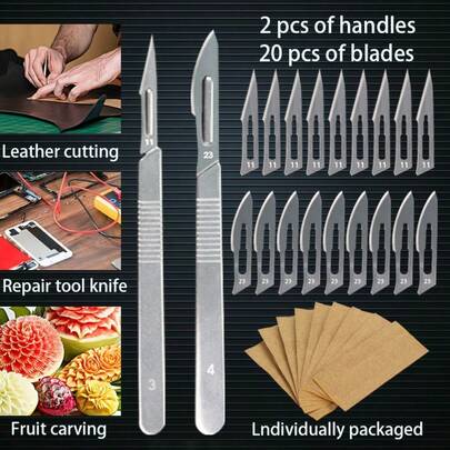 Bộ dao khắc, dao thủ công, bộ dao nghệ thuật, 2 cán dao + 20 lưỡi dao 11/23, thiết kế chống trượt, được trang bị cán và lưỡi dao, lý tưởng cho việc cắt giấy và các dự án DIY - Dao tiện ích cắt và sửa chữa chính xác cho lĩnh vực công nghiệp và khoa học.