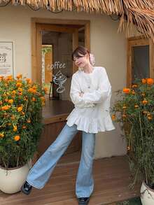 女士甜美荷叶边长袖衬衫，白色宽松中长款上衣，2025秋季新款时尚单品 - 白色 - 查看 4