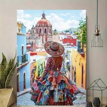 2D Plano, 1 pieza de arte de pared en lienzo con marco de madera de escena callejera mexicana colorida - Diseño vintage moderno, póster impreso de alta calidad, decoración de pared vertical para sala de estar, dormitorio, oficina en casa, cocina, baño, decoración de hogar mexicana, obra de arte de dormitorio, impresión artística, obra de arte enmarcada, impresión decorativa, diseñadores de interiores, 2D plano - Multicolor - Ver 3