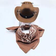 Infant Western Cowboy Outfit - Stylish Brown Leather Cowboy Hat 7.5inch + Retro Printed Bib, Cute Childhood Photography Props, Unisex For Baby, Newborn Fashion Outfit, Ins Style, Baby Shower/Birthday Gift, Baby Party Favor, Baby Milestone Photo Shoot Props - Multicolor - View 1