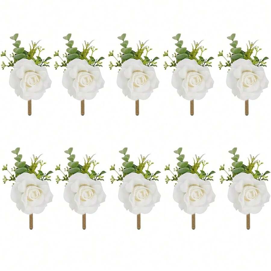 Ivory Rose Boutonniere For Men,Set Of 10,Groom And Best Man Boutonnieres With Artificial Flower,For Wedding Ceremony Anniversary, Formal Dinner Party, Fall Vintage Rustic Marriage Prom,WhiteBoutonniere-10pcs - 白色胸花-10個 - 查看 1