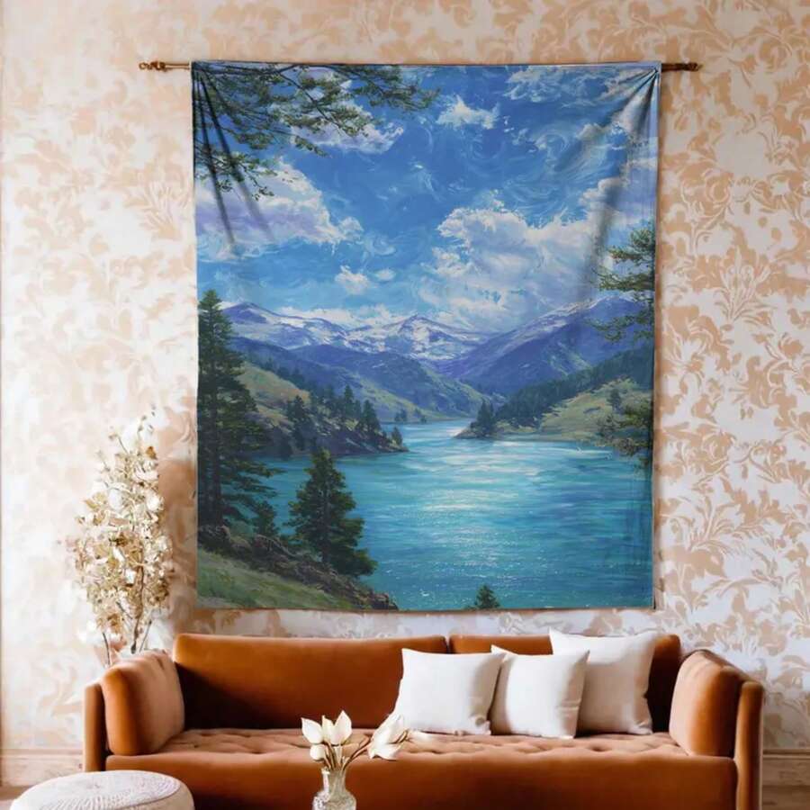 Mountain Lake Painting Tapestry, Nature Scenery Wall Hanging, Pine Forest Wall Decor, Gift For Outdoor Lover Wall Tapestry