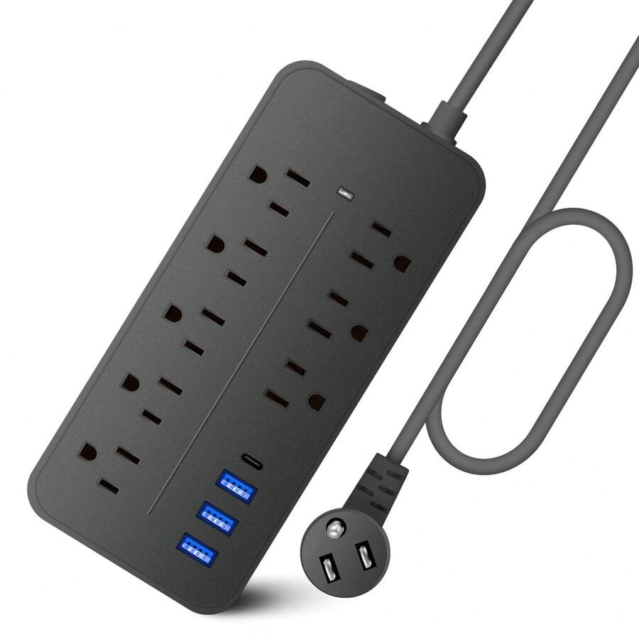 Surge Protector Power Board, Extension Cord With Multiple Sockets, 8 Sockets, 4 USB Ports (1 USB C), Multi-Plug Socket Extender Necessary For University Dormitory Rooms In Home Office - Black - View 1