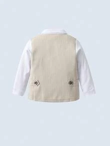 两件套男童绅士套装：长袖条纹衬衫配领结和卡其色长裤，时尚帅气，适合生日派对、婚礼、宴会等场合。 - 卡其色 - 查看 7