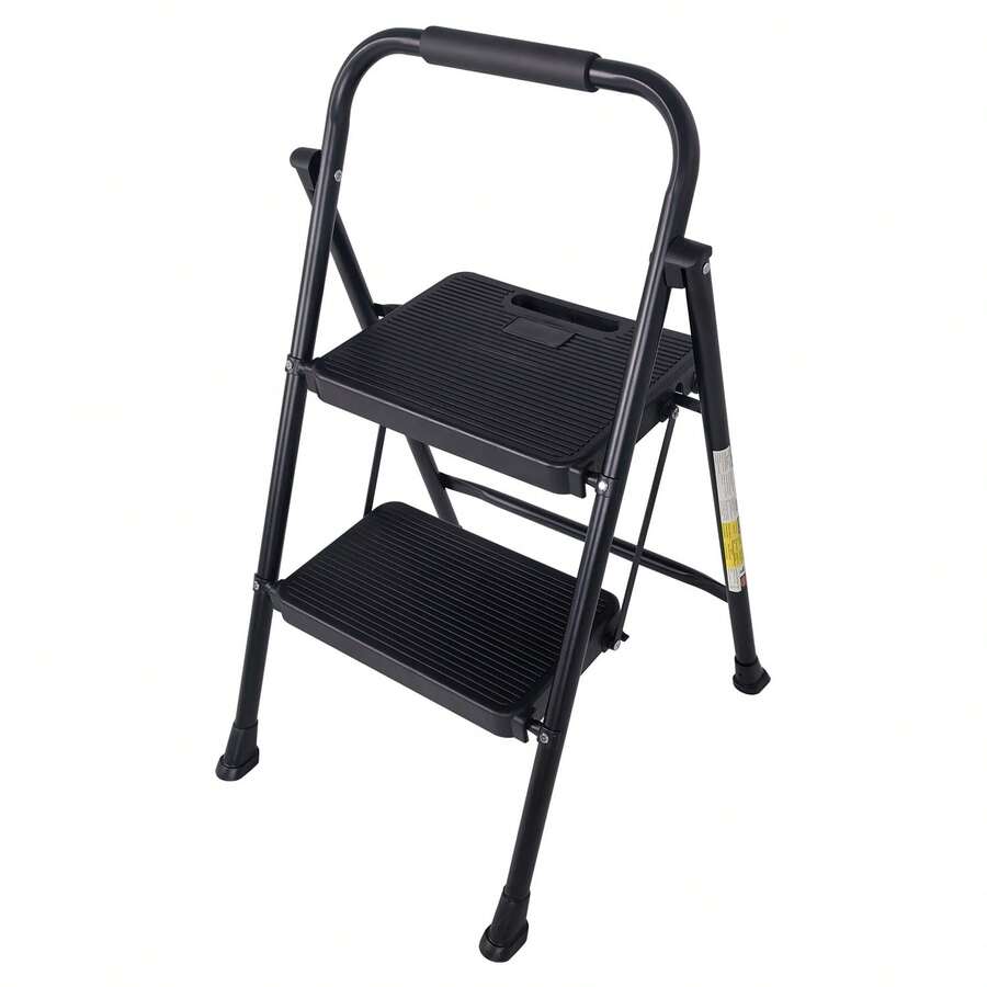 2 Step Ladder, Portable Folding Step Stool With Wide Anti-Slip Plastic Pedal, Sturdy Steel Ladder, Convenient Handrail, Lightweight, Black Steel Step Stool - 兩步 - 查看 1