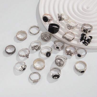 Set di 24 anelli vintage stile punk, anelli impilabili con temi di stelle/teschi, accessori per studenti