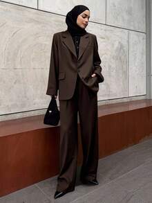 DAZY 2 件套女士商务休闲风格西装套装 Old Money 风格亚麻秋季服装 - 棕色 - 查看 2