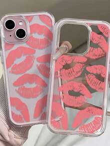 1pc Pink Lip Pattern Personalized Frame 2-In-1 Transparent Full Coverage TPU Fashionable Phone Protective Case Compatible With IPhone 11 12 13 14 15 16 17 Pro Max - Pink - View 3