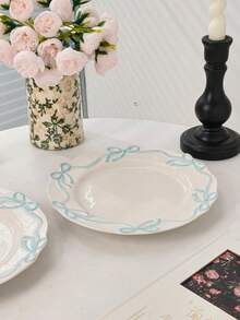 1pc Ins Style Bow Ribbon Ceramic Plate, Handmade Embossed Butterfly Dessert Plate, Elegant Cream Glaze Steak Plate, High Aesthetic Value