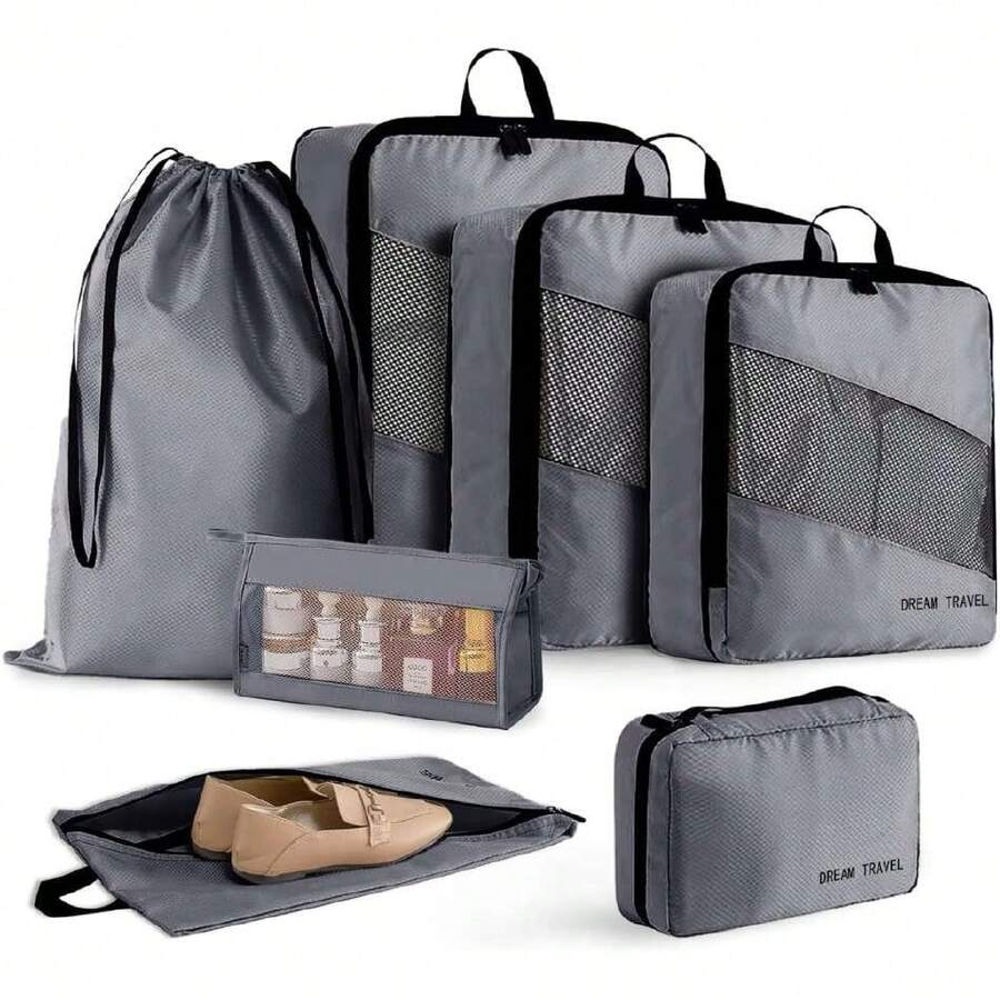Organizador de Viaje para Maletas-Set de 7 Bolsas Compresibles (Ahorra 50% Espacio)-Impermeable para Ropa,Zapatos,Cosméticos y Accesorios-Organizadores de Equipaje con Bolsas de Almacenamiento (Gris),37367083 - Teja - Ver 1