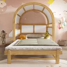 Extendable Arched Roof Bed, Sliding Bed, Children's Bed, Daybed, Small Side Shelf, Pine+MDF, White+Natural, 140x200cm - White - View 6
