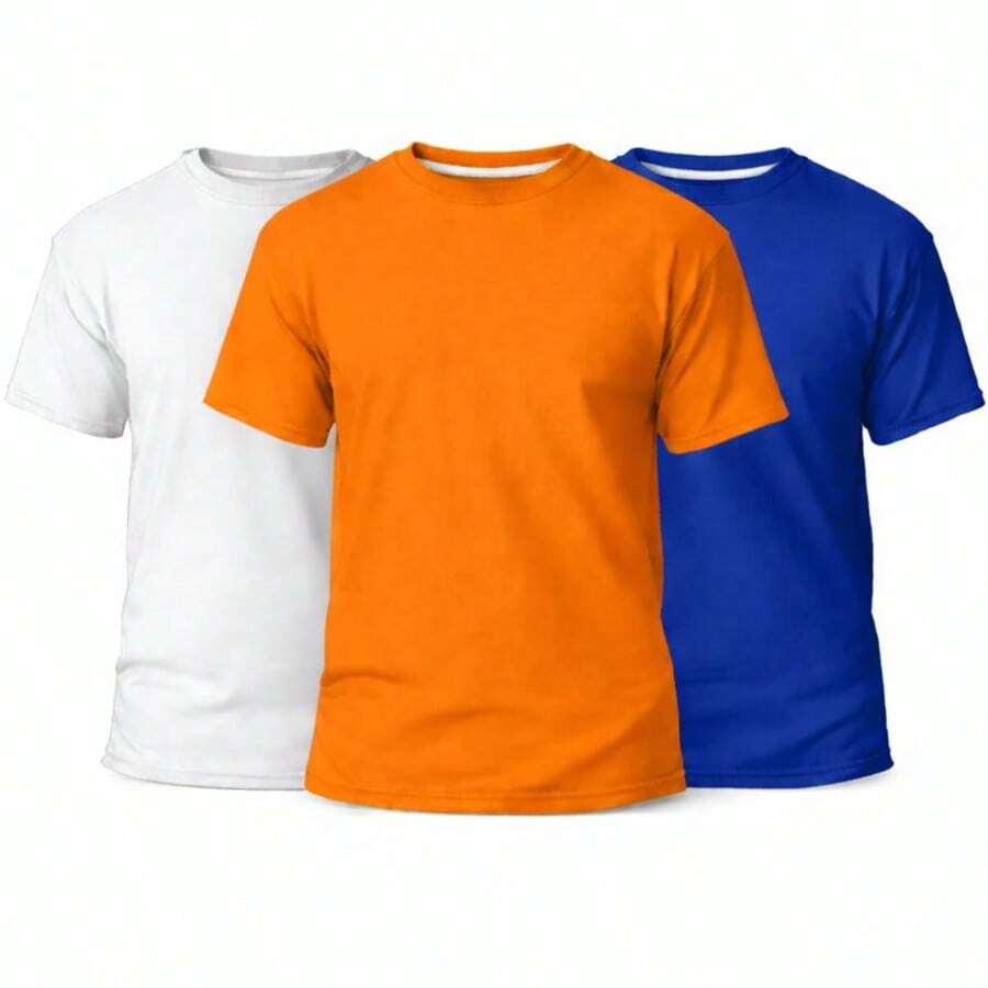 Set Of 3 Men's Basic Plain T-Shirts, 100% Cotton, 30.1 Mm - 白色/橘色/寶藍色 - 查看 1