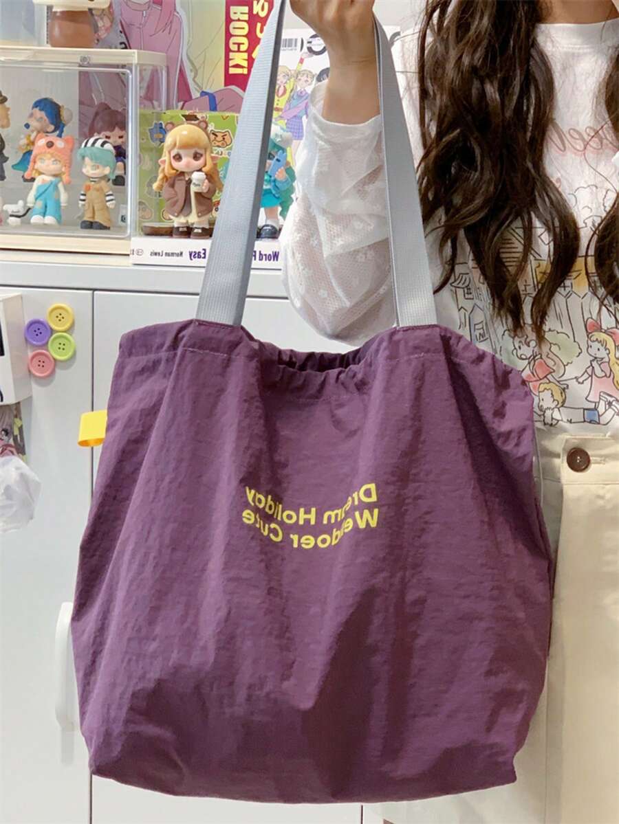 2025 Large Capacity Drawstring Tote Bag, Japanese Style Letter Print Nylon Handbag, Tote Shoulder Bag, Lightweight & Foldable, Suitable For Travel, Shopping, Commuting, School, For Men And Women