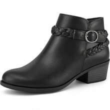 Women's Ankle Boots With Low Chunky Heel – Round Toe Wide Width Short Booties With Side Zipper For Comfort & Everyday Wear - Pu đen - Xem 14