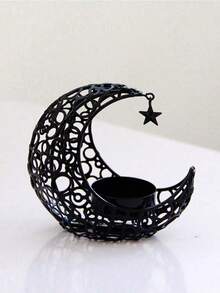 1 pieza Soporte de vela de media luna de metal y hierro estilo europeo moderno para la decoración de Ramadán, decoración de mesa para el hogar con estrellas, luna y soporte de vela, adecuado para Ramadán y Eid Al-Fitr