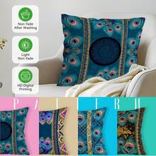 4pcs Bohemian Peacock Feather Pattern Pillow Covers, Single-Sided Printed Cushion Covers, Suitable For Living Room, Bedroom, Home Decor, All Season - Multicolor - View 3