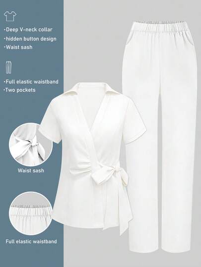 cimmuovere Women V-Neck Short Sleeve Tie-Front Ruffle & Loose Elastic Waist Pants Scrubs Nurse Scrubs Workwear Dentist Healthcare Pet Hospital Laboratory Uniform Set