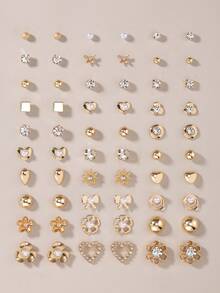 30 Pairs Assorted Metal Faux Pearl, Rhinestone, Bow, Flower, Square, Heart, Geometric Stud Earrings Set, Suitable For Everyday Casual And Work Wear - Yellow Gold - View 1