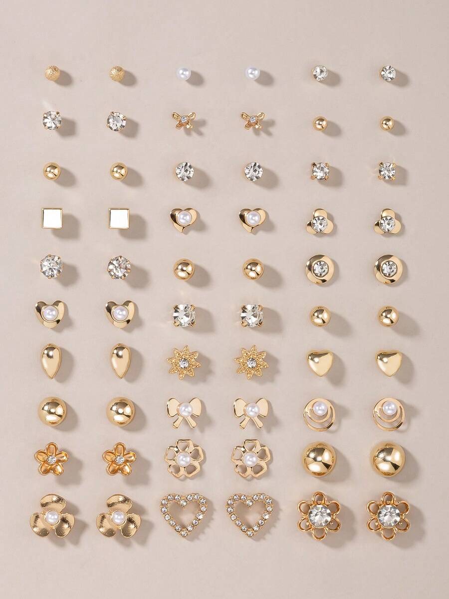 30 Pairs Assorted Metal Faux Pearl, Rhinestone, Bow, Flower, Square, Heart, Geometric Stud Earrings Set, Suitable For Everyday Casual And Work Wear - Yellow Gold - View 1