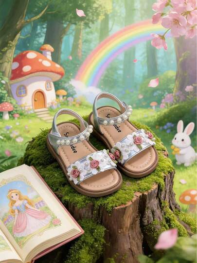 1 Pair Fashion Silver Flat Sandals For Toddler Girls, Summer Floral Pearl Design Princess Style Casual Sandals, Suitable For Daily Wear, Birthday Party