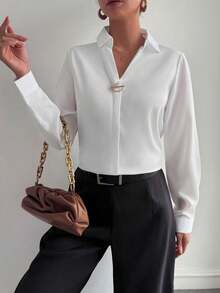 QIANZHIDU Áo sơ mi nữ cỡ lớn màu trơn SUNSTORY, thích hợp cho công sở, đi làm, kinh doanh, các dịp thường ngày, mùa tựu trường, Ngày Nhà giáo. - trắng - Xem 4
