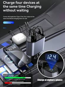 W&O 4-Port Fast Car Charger With USB & Type-C Ports, Digital Voltage Display, Compatible With IPhone, Android Phones & Tablets, Great Gift For Men, Christmas - Black and Gray - View 10