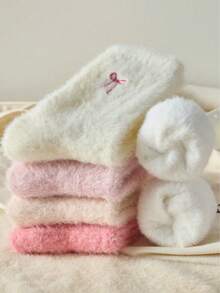 1Pair Of White And Pink Fleece Socks, Bow Design, Warm, Soft And Comfortable, Suitable For Autumn And Winter, Valentine's Day Gift. - 白色 - 查看 5